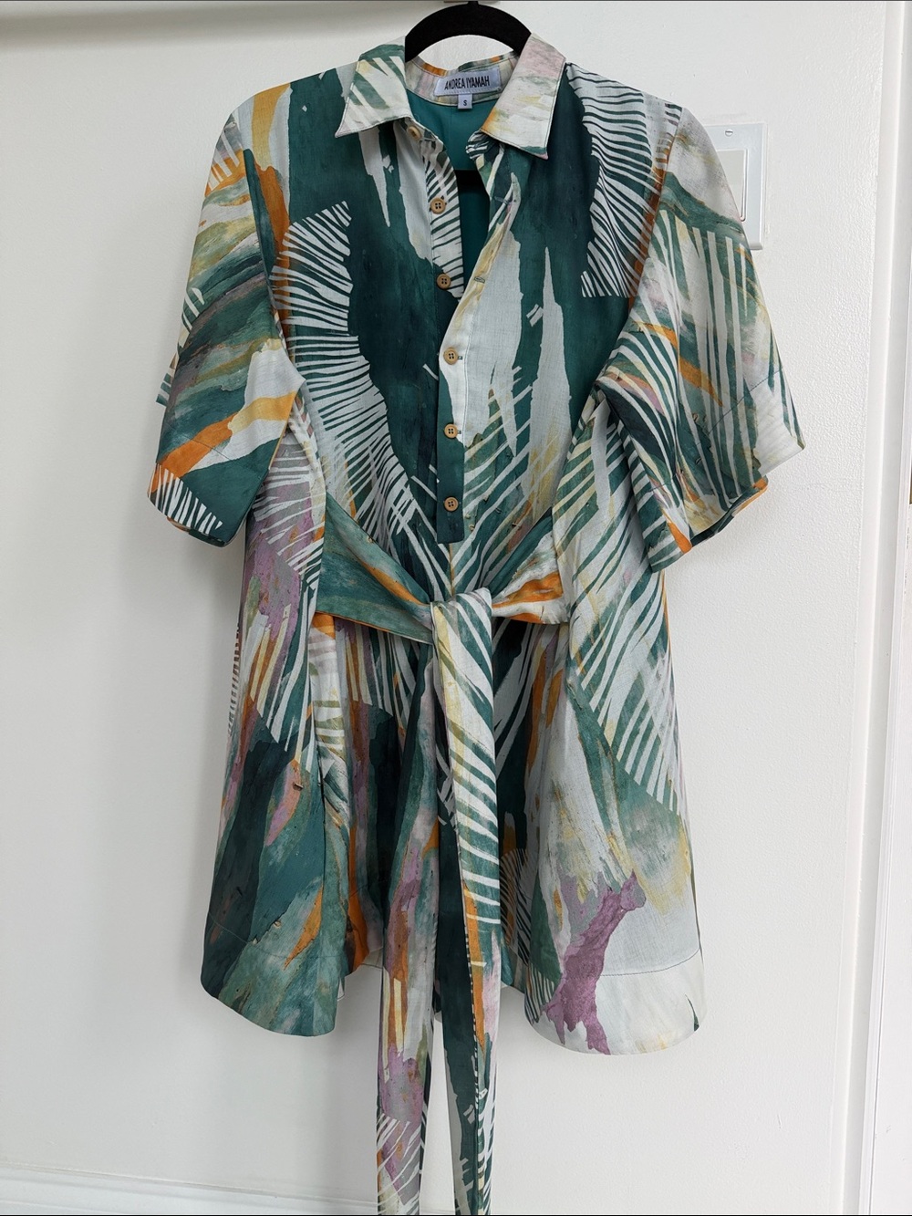 Andrea Iyamah Palm Print Tie-Waist Romper - Deep Teal & Multicolor